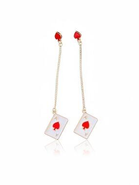 Red Ace Spades Enamel Gold Chain Long Dangling Lightweight Las Vegas 3" Earrings